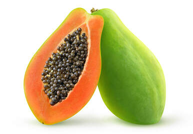  Papaya piece cut in half leaning against a full papaya like on the cover of 